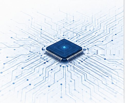 Microchip with PCB traces representing electronic component supply-chain risk intelligence